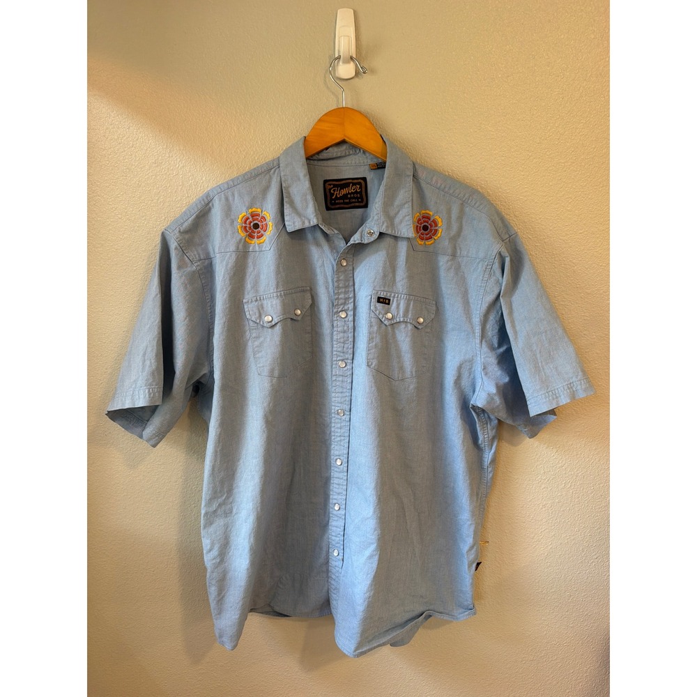 Howler Brothers Gaucho Snap Shirt Men XXL Blue Short Sleeve Floral Western Pearl